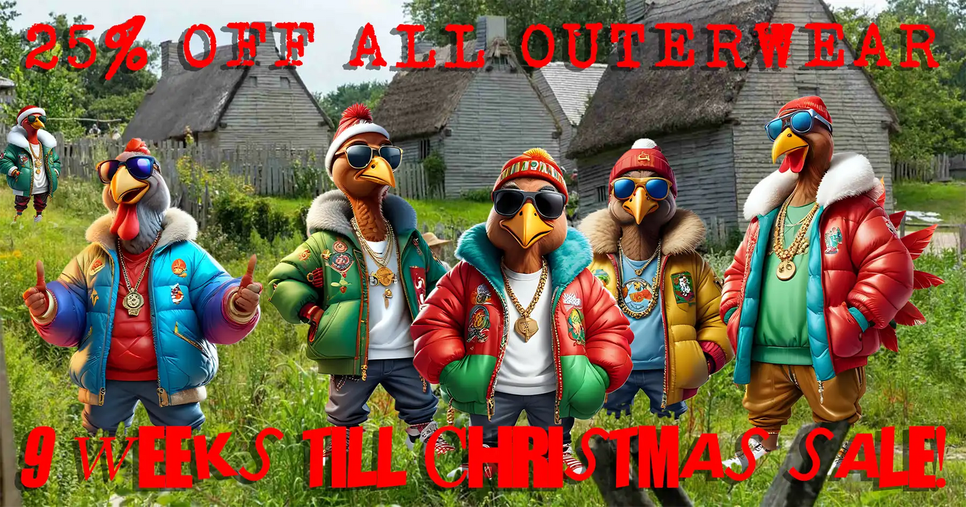 Cartoon turkeys in winter clothing with promotional text for a sale.