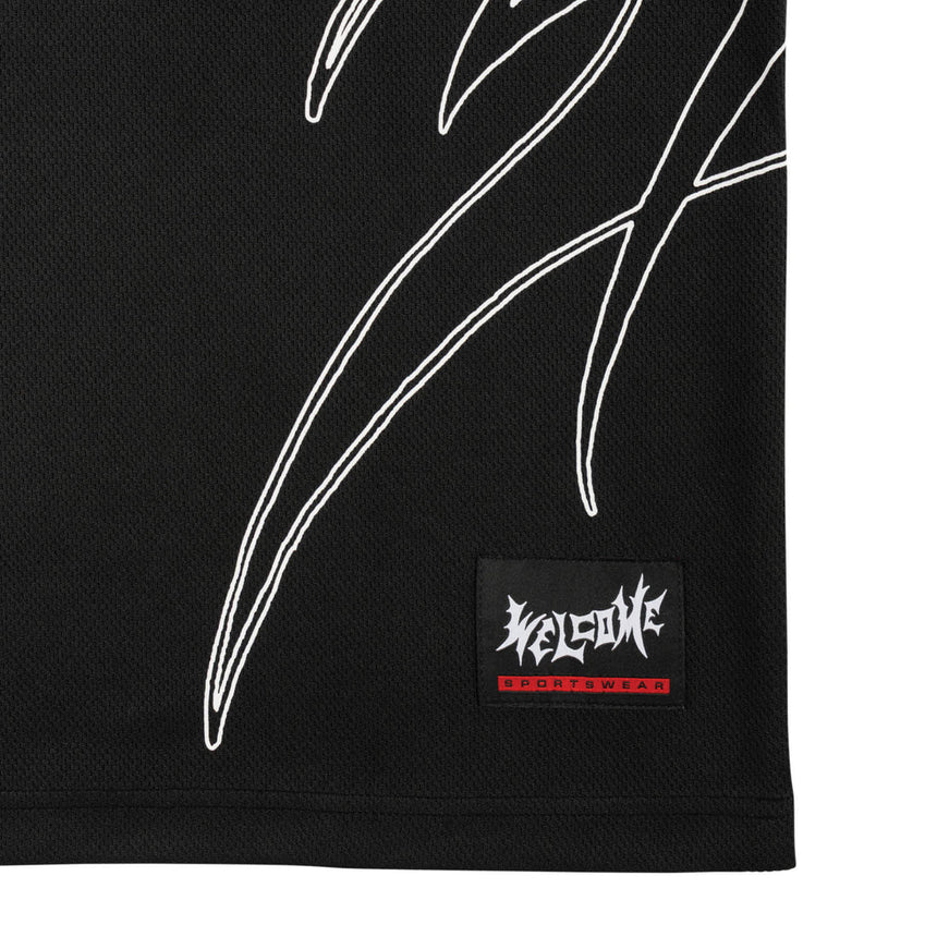 Black fabric with white abstract design and a visible 'Welcome Sportsware' label.