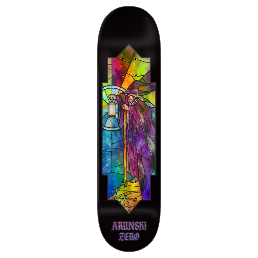 Skateboard deck with colorful stained glass design and 'ABUNSHI ZENO' branding on a black background
