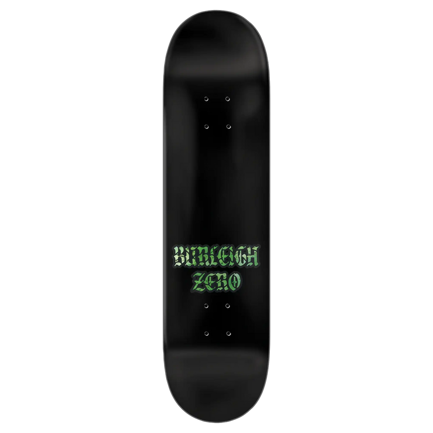 Black skateboard deck with green text on a white background