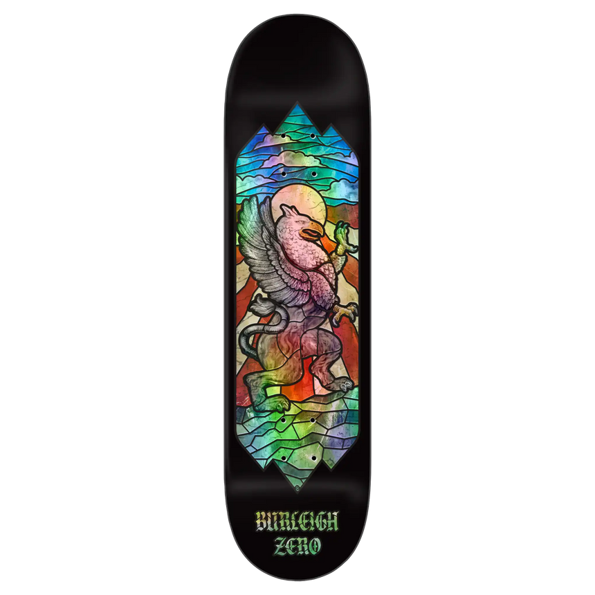 Skateboard deck with colorful dragon design and 'Burleigh Zero' branding on a black background
