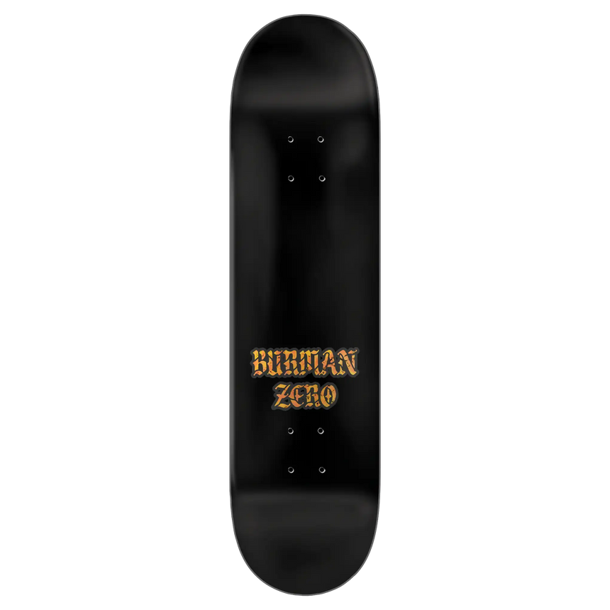 Black skateboard deck with 'Buurman Zero' logo on a white background