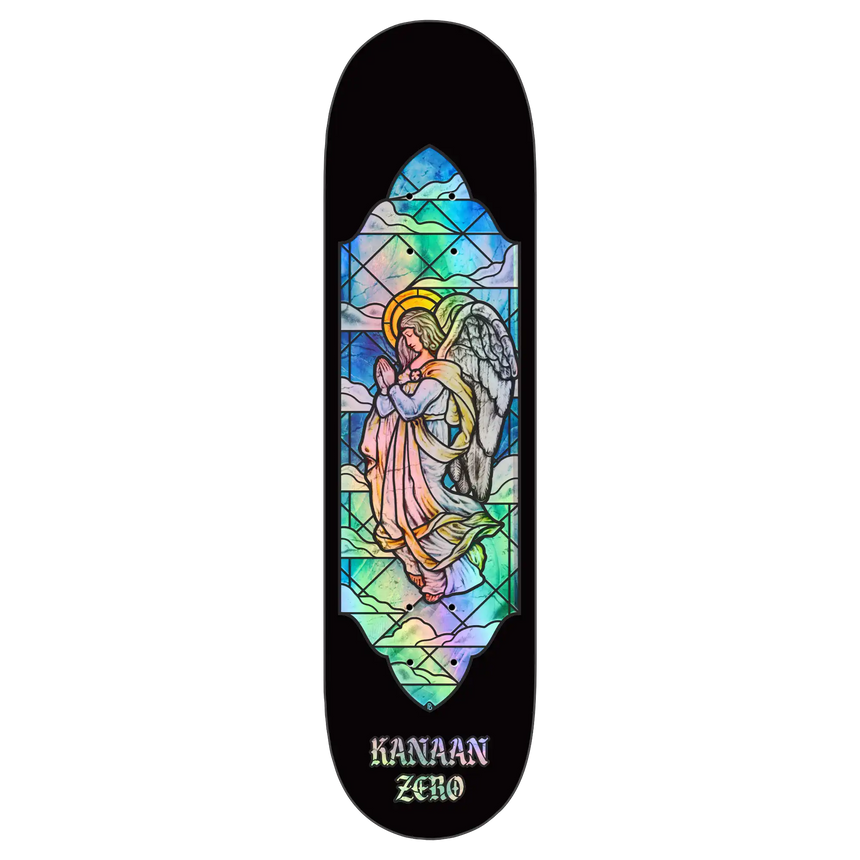 Skateboard deck with angel design and 'Kanaan' branding on a white background