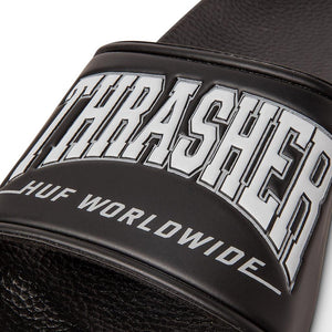 HUF x Thrasher Slides Logo close up