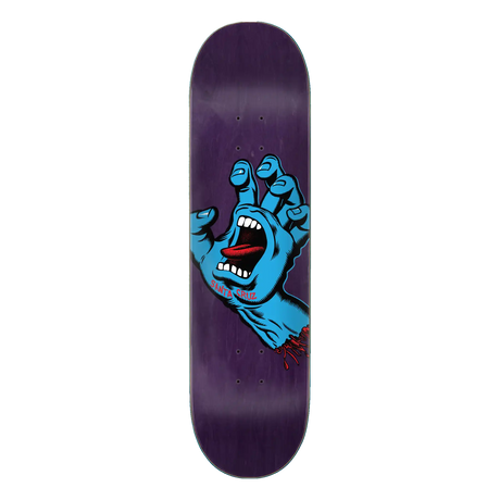 Skateboard deck with blue hand graphic on a purple background