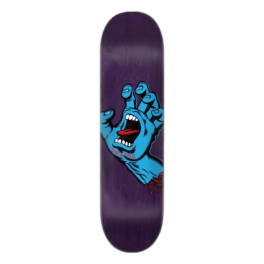 Skateboard deck with blue hand graphic on a purple background