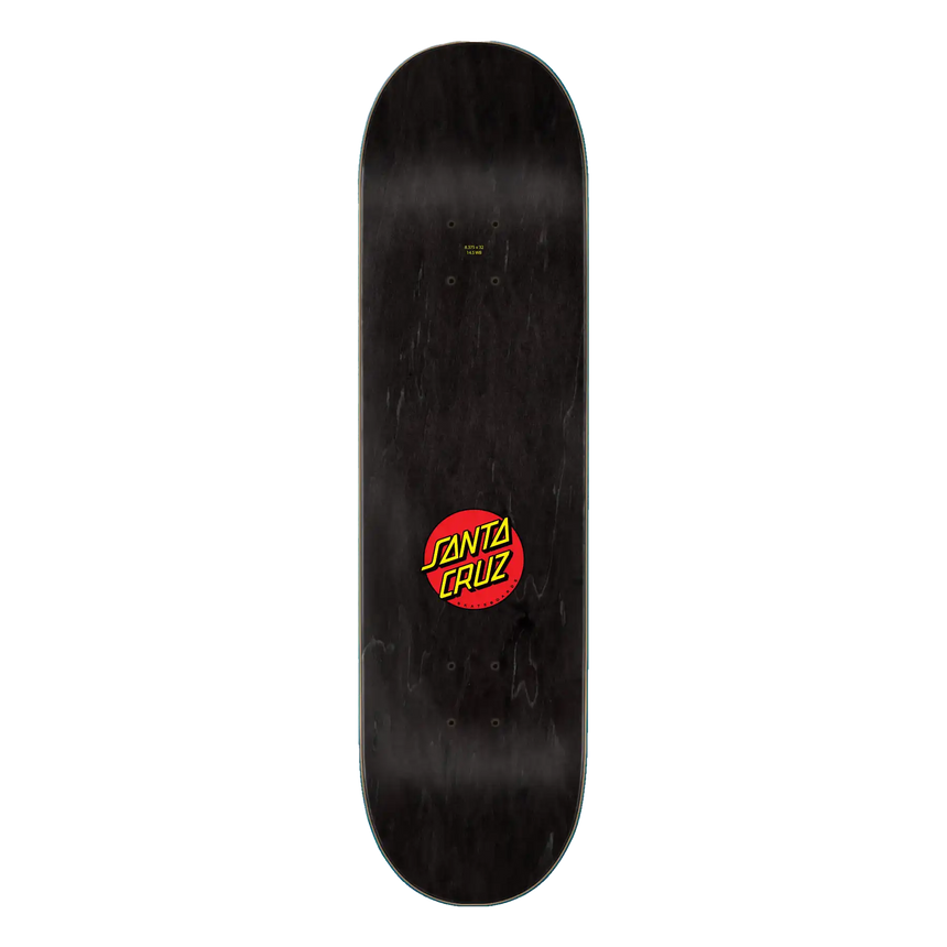 Black skateboard deck with Santa Cruz logo on a white background