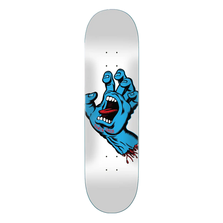 Skateboard deck with a blue hand graphic on a white background