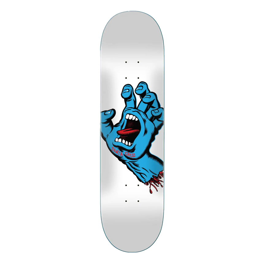 Skateboard deck with a blue hand graphic on a white background