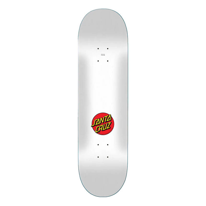White skateboard deck with Santa Cruz logo on a white background