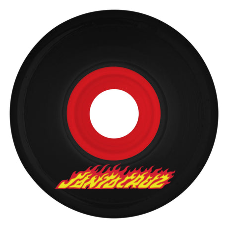 Vinyl record with a red center and flame design on a white background
