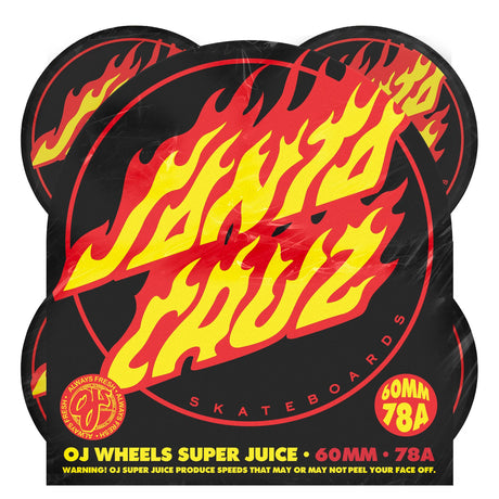 OJ Wheels Super Juice skateboard wheel with flames and text on a black background