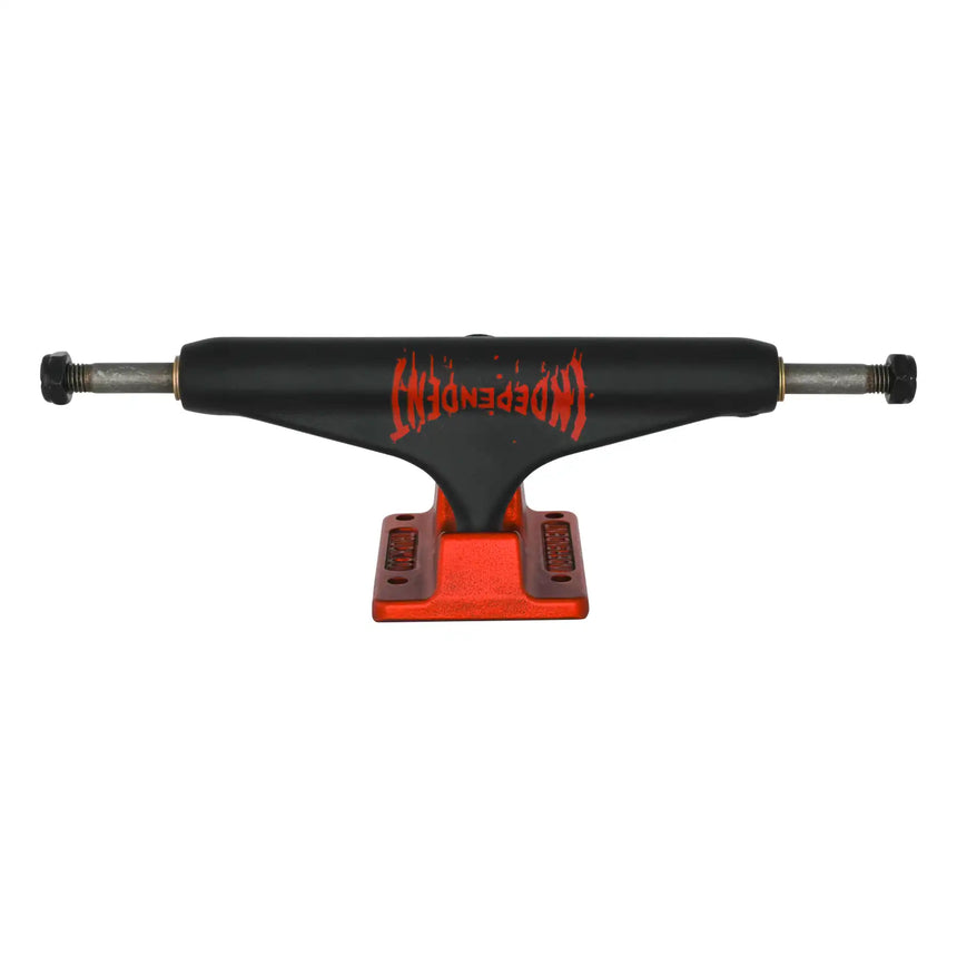 Black and red skateboard truck with a visible brand logo on a white background
