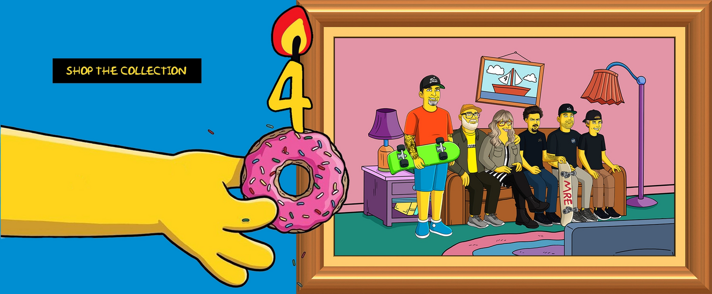 Cartoon scene with a hand holding a donut with a number 4 candle, framed by a picture of characters from 'The Simpsons' in a living room.