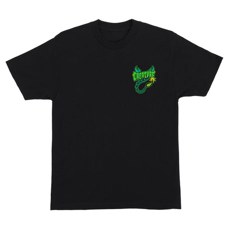 Black t-shirt with a green and yellow logo on a white background