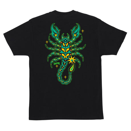Black t-shirt with a green and yellow scorpion design on the back against a white background