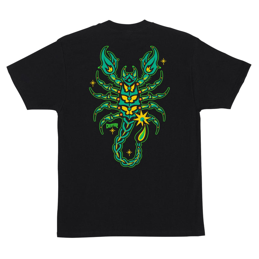 Black t-shirt with a green and yellow scorpion design on the back against a white background