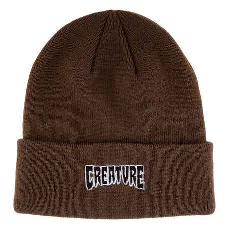 Brown beanie with 'Creature' logo on a white background