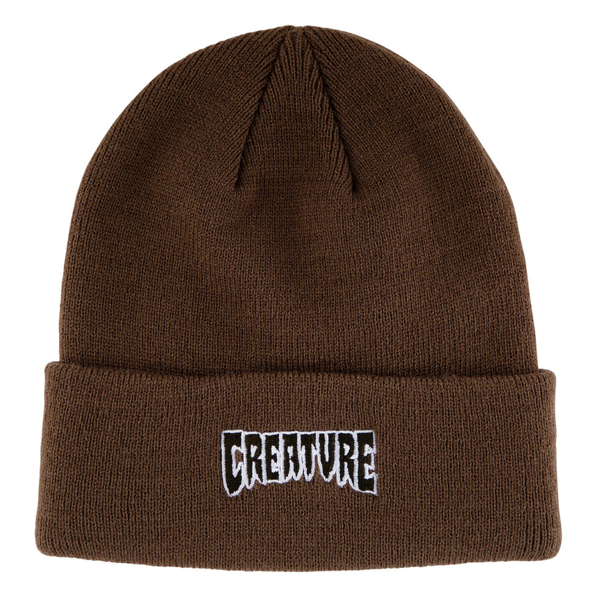 Brown beanie with 'Creature' logo on a white background
