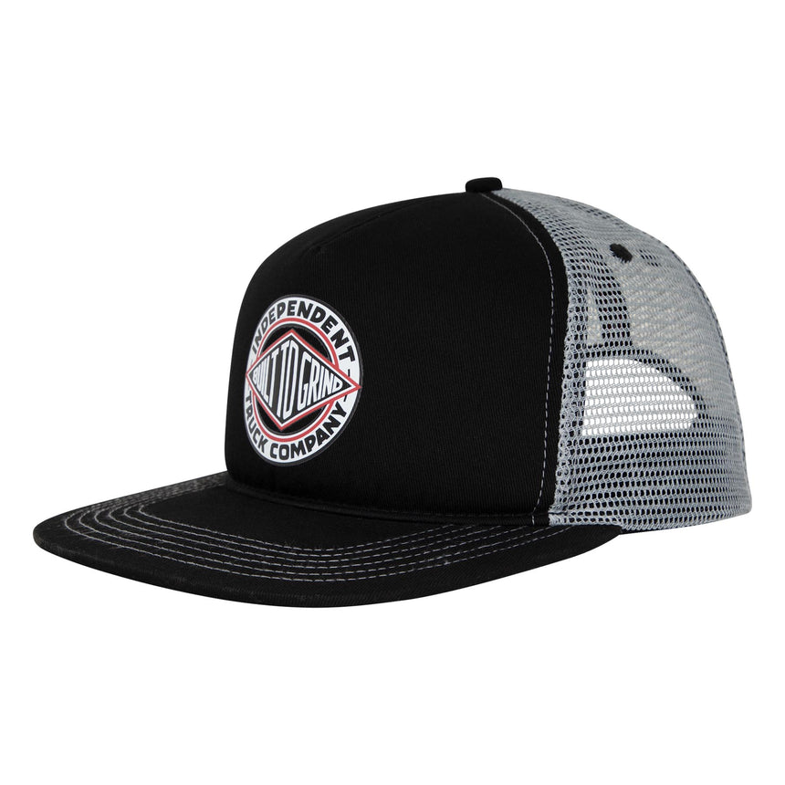 Black trucker cap with white mesh back and logo on a white background