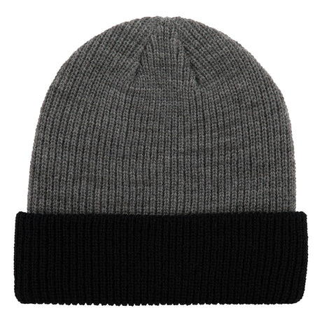Gray knit beanie with black band on a white background