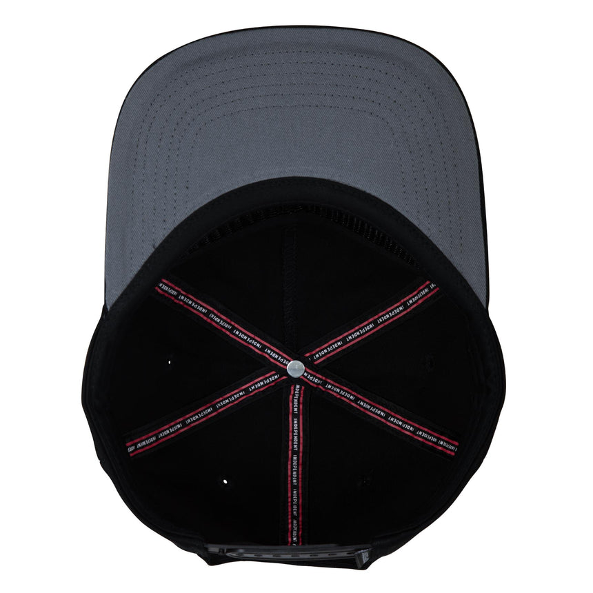 Back view of a black cap with red stitching on a white background