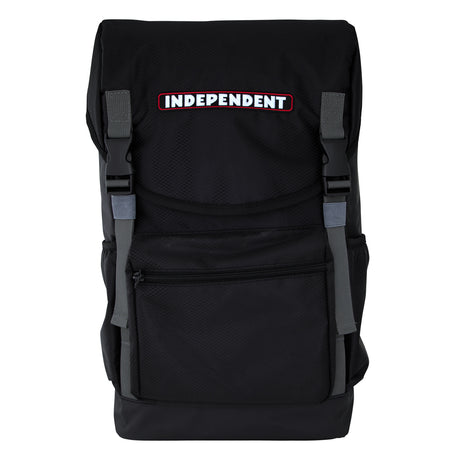 Black backpack with 'Independent' logo on a white background