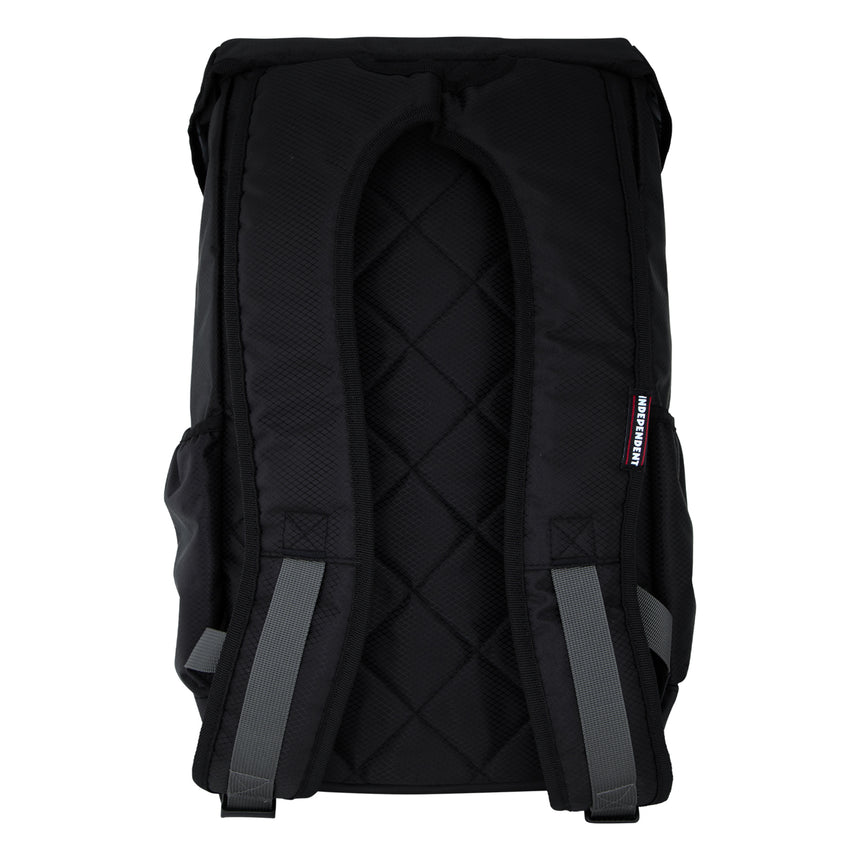 Black backpack with a visible brand label on a white background