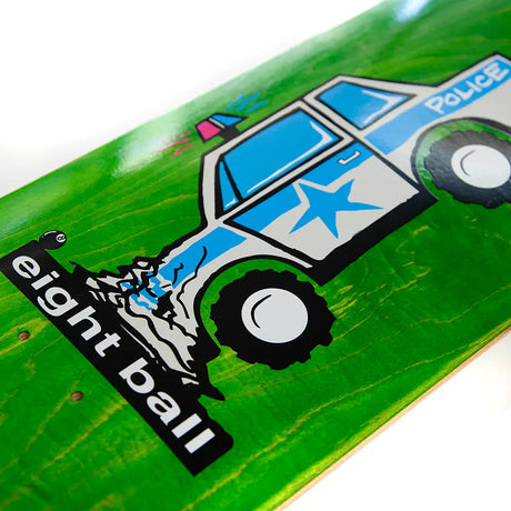 Money Ruins Everything x eightball Collab Cop Car Skateboard Deck Detail