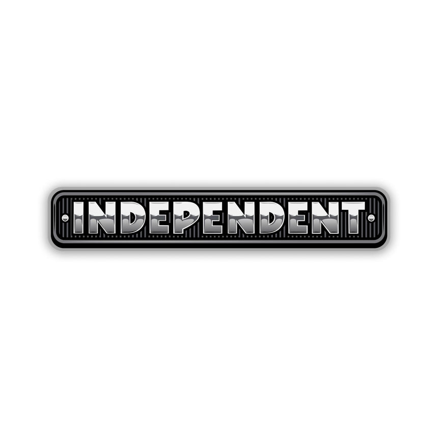 Metallic 'INDEPENDENT' logo on a white background