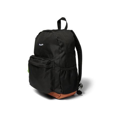 Black backpack with a brand logo on a white background
