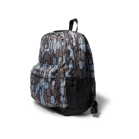 Camouflage-patterned backpack on a white background