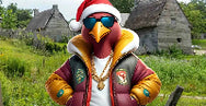 Animated character with a festive hat and sunglasses in a rural setting