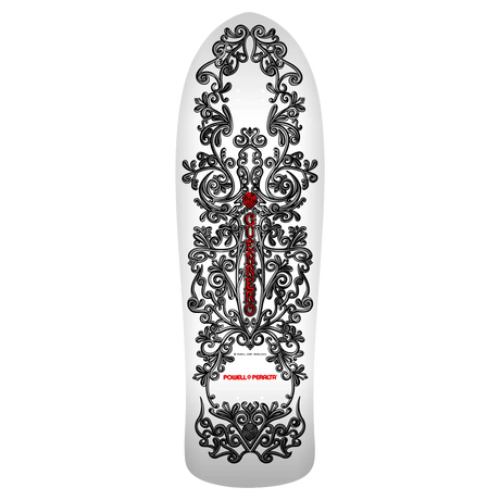 Skateboard deck with intricate black and white design on a white background
