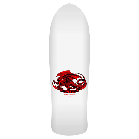 White skateboard deck with a red dragon graphic and text on a white background