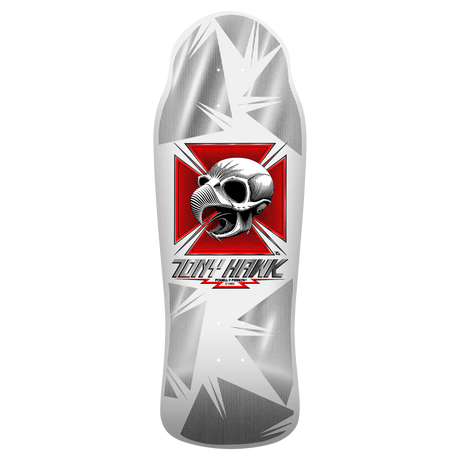 Skateboard deck with skull design and Tony Hawk logo on a white background