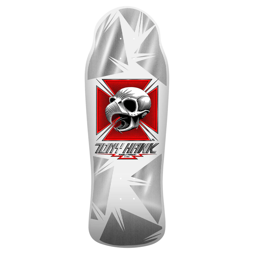Skateboard deck with skull design and Tony Hawk logo on a white background