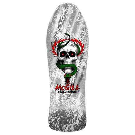 Skateboard deck with a skull and snake design on a white background