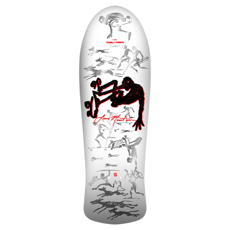 Skateboard deck with black and red graphics on a white background