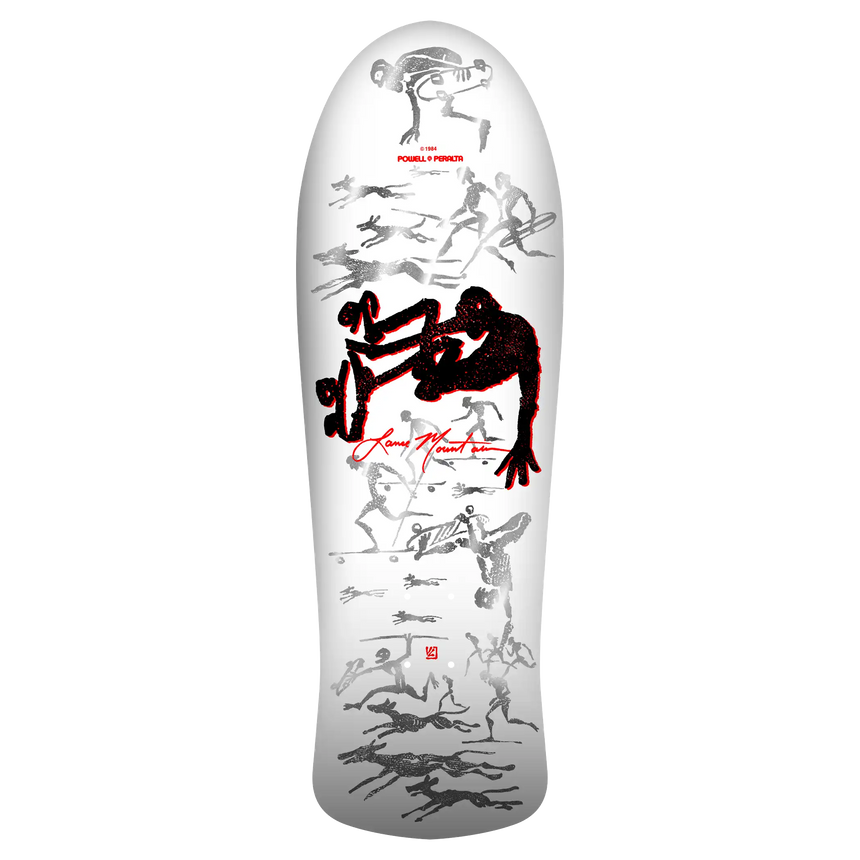 Skateboard deck with black and red graphics on a white background