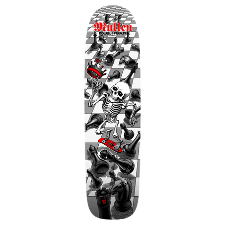 Skateboard deck with skeleton and checkered pattern on a white background