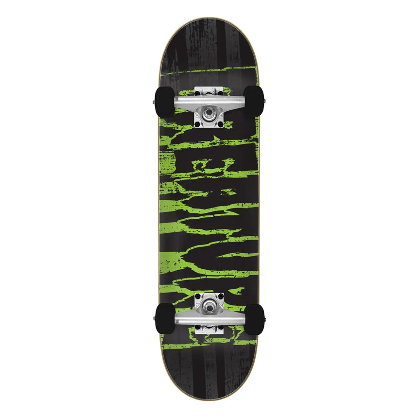 Skateboard with black and green pattern on a white background