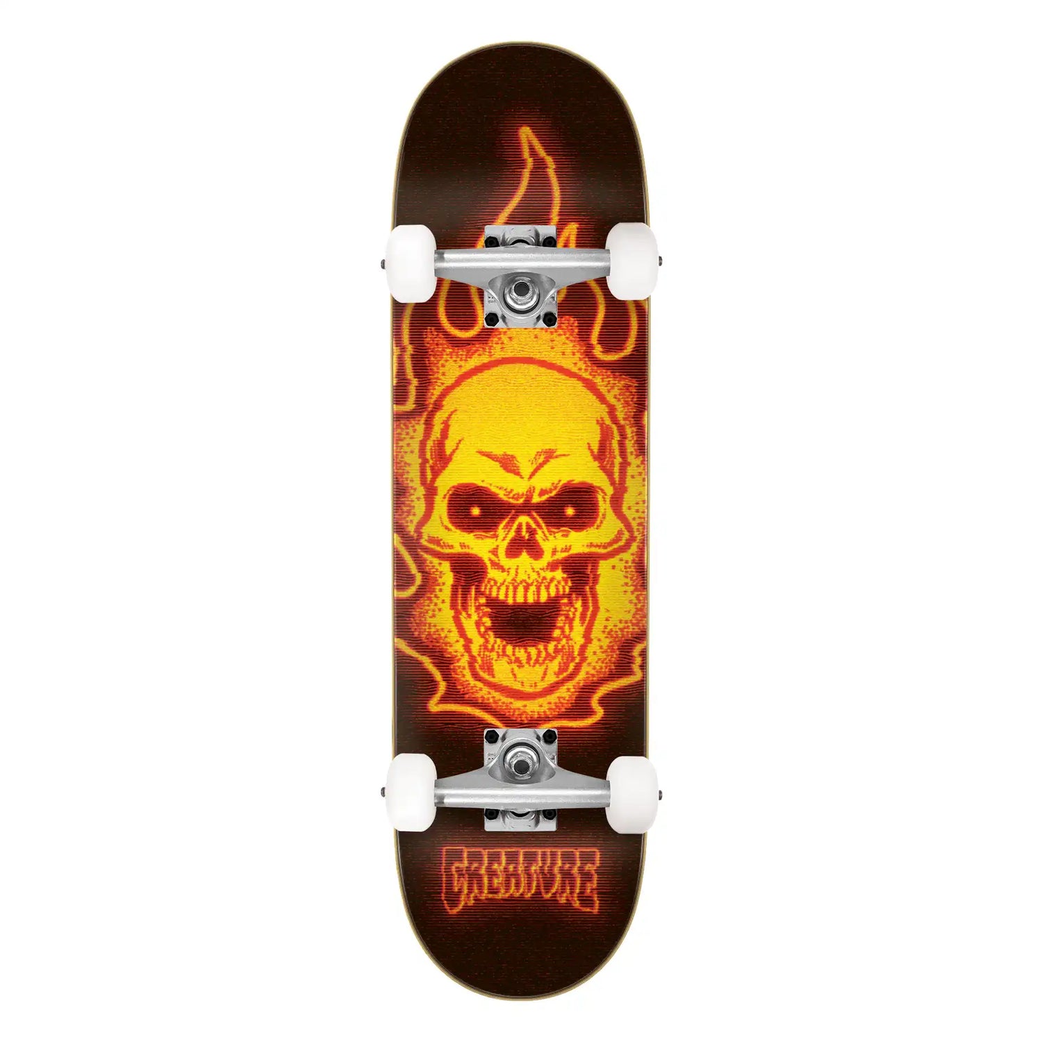 Skateboard with a fiery skull design on a white background