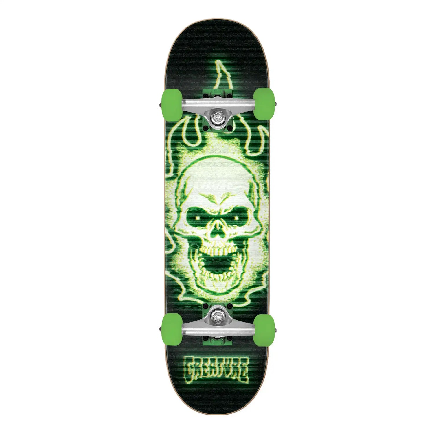 Skateboard with green skull design and 'Creature' branding on a white background