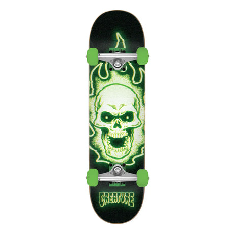 Skateboard with green skull design and 'Creature' branding on a white background