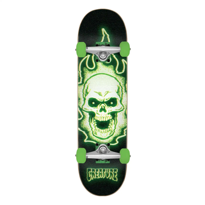 Skateboard with green skull design and 'Creature' branding on a white background