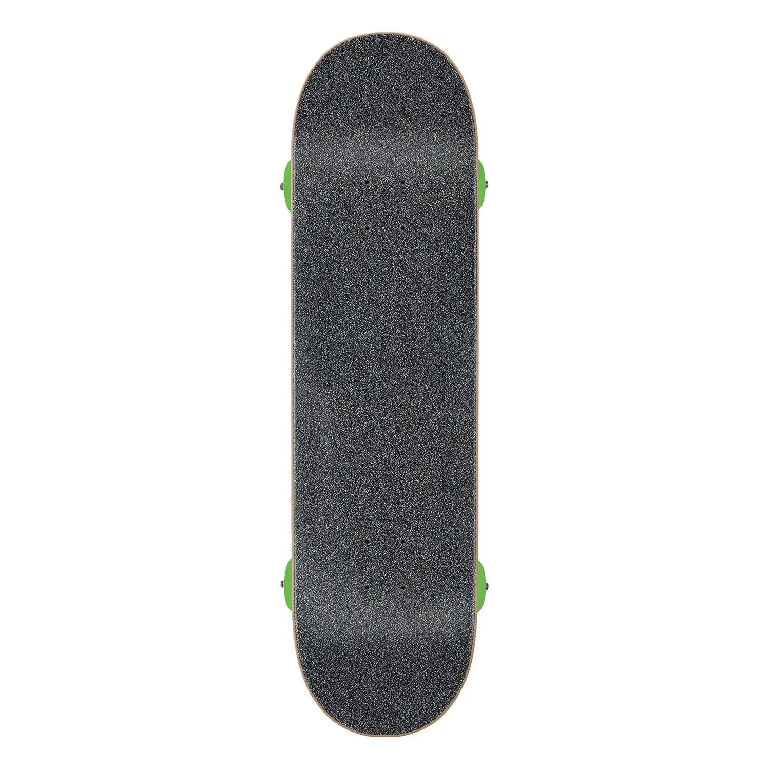 Black skateboard deck with green trucks on a white background
