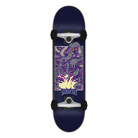 Skateboard with a purple and yellow design on a white background