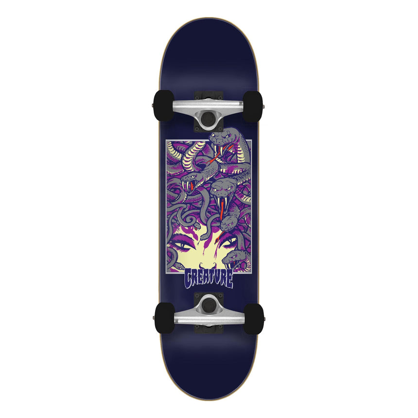 Skateboard with a purple and yellow design on a white background