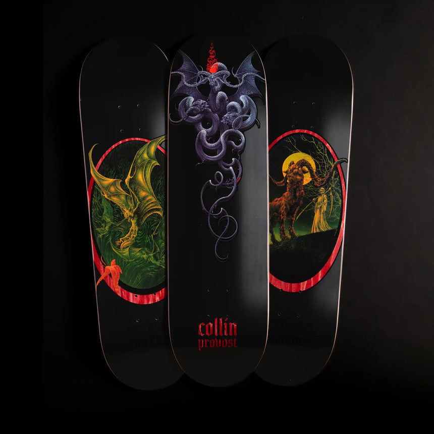 Three skateboard decks with artistic designs on a black background, featuring the brand 'Collin Provoost'.
